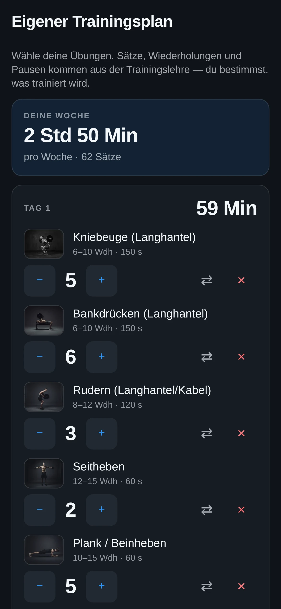 Der Trainingsplan-Baukasten der App: eigene Übungen wählen, Sätze setzen, die Dauer läuft mit.