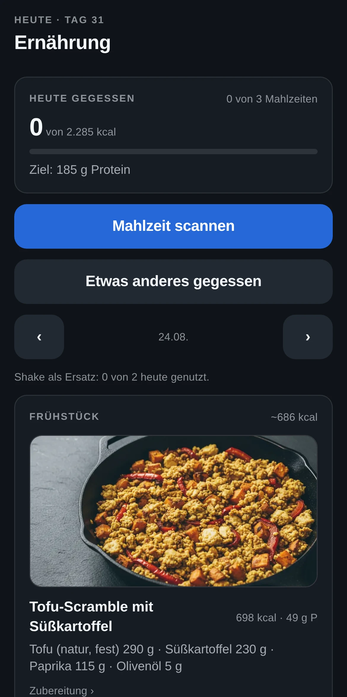 Der Ernährungs-Bildschirm der App: Tagesplan, Makros und Mahlzeiten mit Foto.