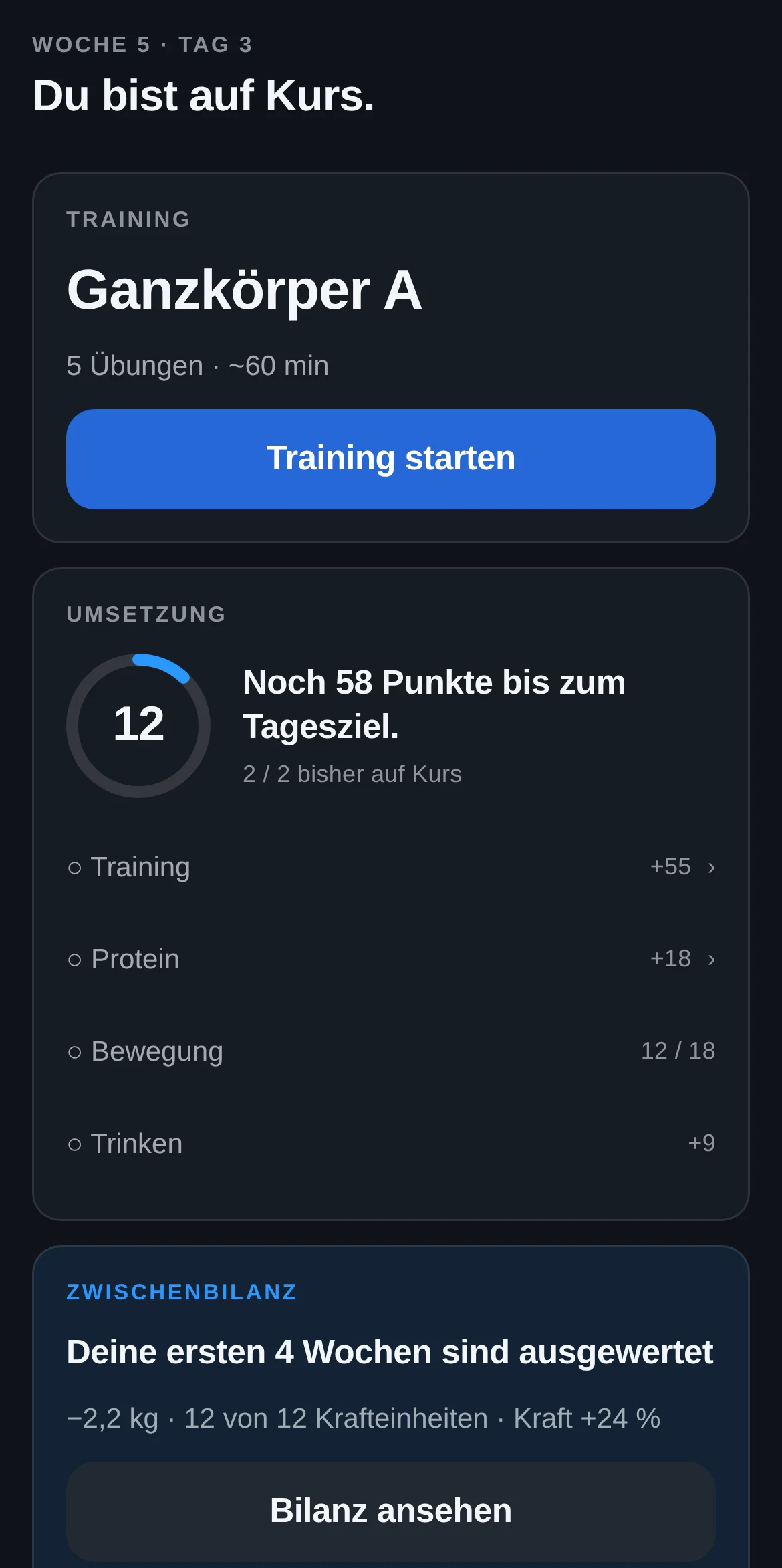 Der Heute-Bildschirm der App: das heutige Training, der Tagesscore und die Zwischenbilanz.